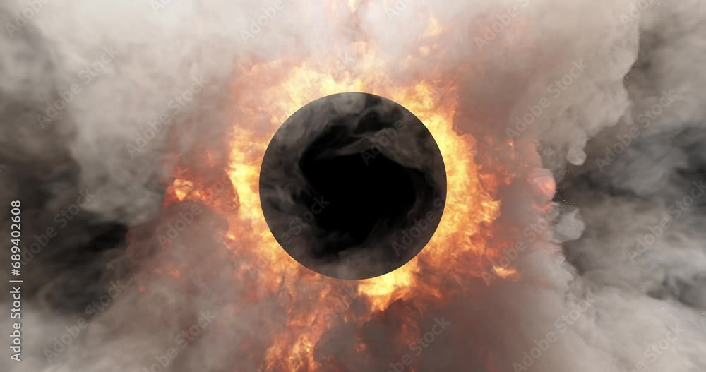 Explosion and swirling smoke around a black circle for logo reveal. alpha channel included for easy overlay in videos and presentations.