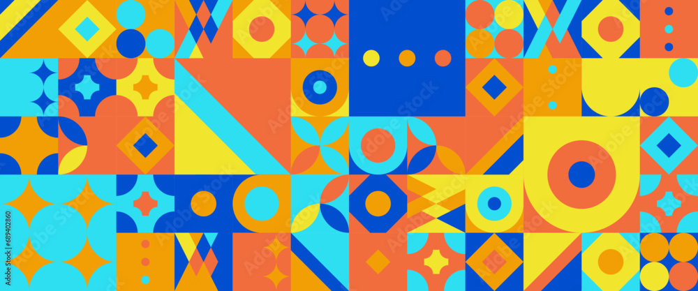 Yellow orange and blue modern vector abstract geometric background with circles, rectangles and squares simple shapes graphic pattern Minimalist modern graphic design element mosaic style concept