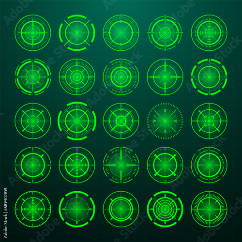 Crosshair, gun sight vector icons. Bullseye, black target or aim symbol. Military rifle scope, shooting mark sign. Targeting, aiming for a shot. Archery, hunting and sports shooting. Game UI element.