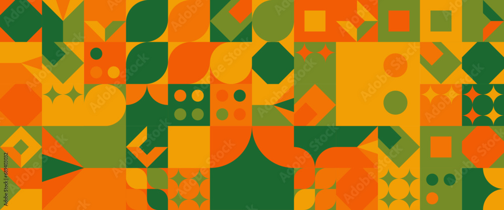 Orange and green geometric minimal pattern mosaic. Simple circle shapes, modern bauhaus banner vector design Minimalist modern graphic design element mosaic style concept Orange and green geometric minimal pattern mosaic. Simple circle shapes, modern bauhaus banner vector design Minimalist modern graphic design element mosaic style concept
