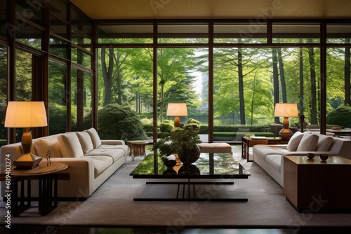 A spacious living room with contemporary furniture, adorned with ambient lighting and floor-to-ceiling windows overlooking a serene garden.
