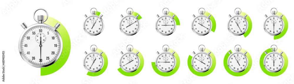 Realistic classic stopwatch. Shiny metal chronometer, time counter with dial. Green countdown timer showing minutes and seconds. Time measurement for sport, start and finish. Vector illustration Realistic classic stopwatch. Shiny metal chronometer, time counter with dial. Green countdown timer showing minutes and seconds. Time measurement for sport, start and finish. Vector illustration