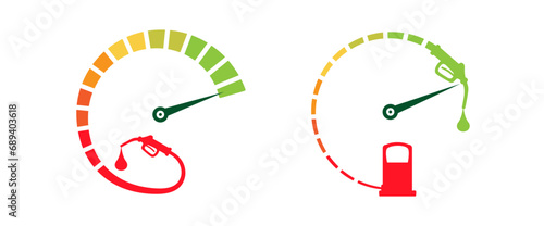 Abstract fuel meter set with fuel pump and oil drops. Fuel indicator indicating full tank. Simple futuristic fuel gauge design, to use in transportations, logistics, cars.

