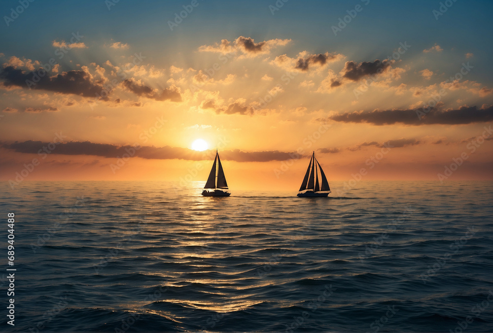Sailboat in silhouette in the middle of the sea at sunset