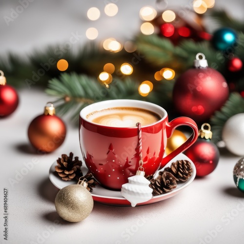 Coffee cup with Christmas ornaments and decoration on white background