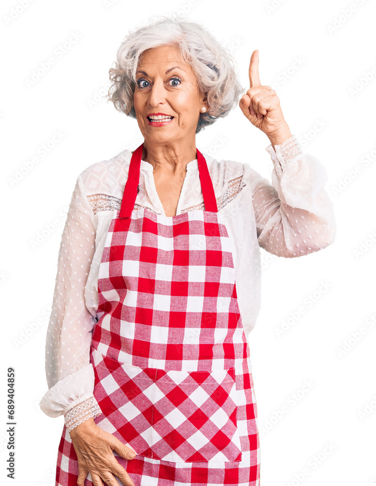 Senior grey-haired woman wearing apron pointing finger up with successful idea. exited and happy. number one. Senior grey-haired woman wearing apron pointing finger up with successful idea. exited and happy. number one.