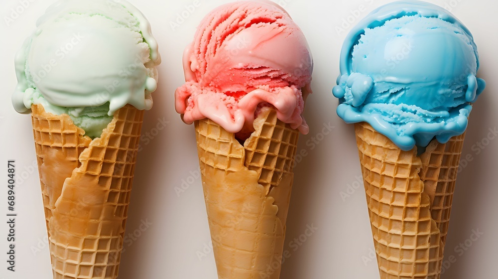 Sumptuous ice cream cones with assorted flavors against a dark backdrop, an irresistible treat
