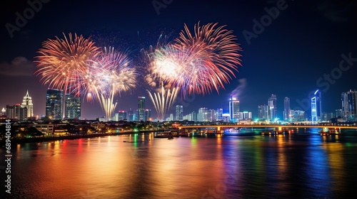 Night view of Fireworks over the city at night near the water .and fireworks in the city harbor. © @_ greta