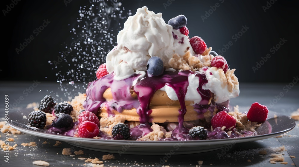 Delicious bread adorned with melted ice cream and raspberries, a tempting dessert treat
Delicious bread adorned with melted ice cream and raspberries, a tempting dessert treat