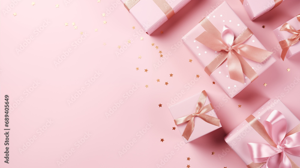 Pastel Pink Gift Boxes with Elegant Satin Bows and Golden Stars - Festive Holiday Background for Celebrations and Greetings Pastel Pink Gift Boxes with Elegant Satin Bows and Golden Stars - Festive Holiday Background for Celebrations and Greetings