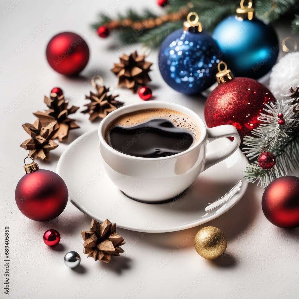 Coffee cup with Christmas ornaments and decoration on white background Coffee cup with Christmas ornaments and decoration on white background