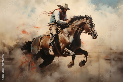 dynamic rodeo scene. perfect ensemble of rider and horse, vintage and faded painting. generative AI photo