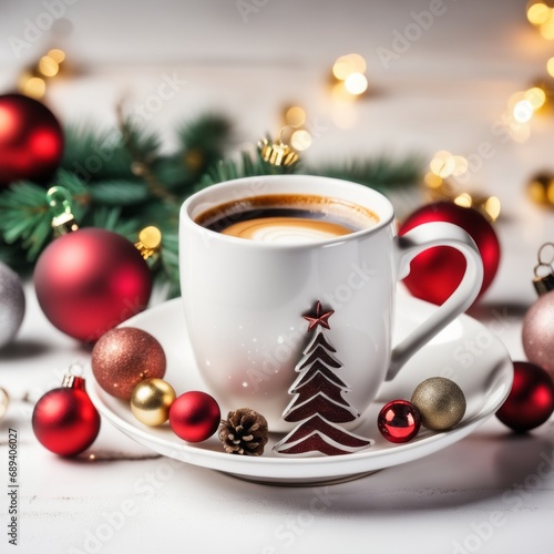 Coffee cup with Christmas ornaments and decoration on white background