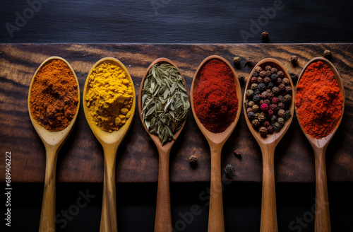 Composition with different aromatic spices in wooden spoons on dark wood background, Cinnamon, black pepper, turmeric and curry. Top view. Flat layout