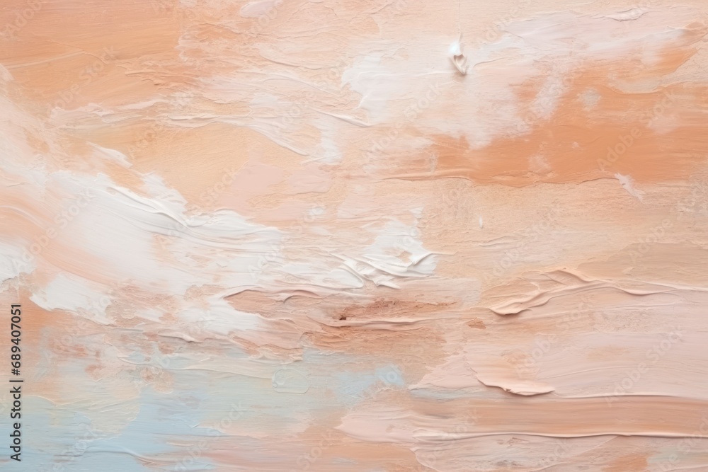abstract painting with gentle strokes of peach, white, and hints of light blue, creating a soft, serene texture.