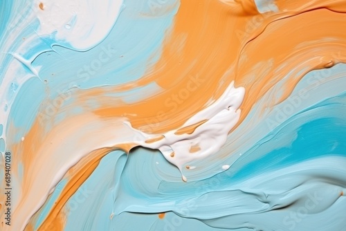 abstract painting with smooth flows and swirls of blue  white  and orange  resembling a serene ocean scene.