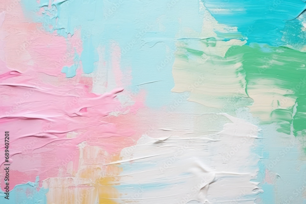 abstract painting with creamy brushstrokes of pastel pink, white, and shades of turquoise creating a soft, dreamy texture.