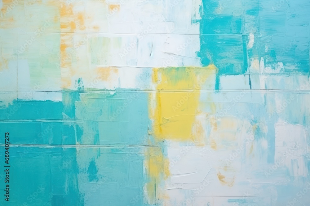 abstract acrylic painting with cool tones of aqua and blue intersected by warm yellow and soft white streaks.