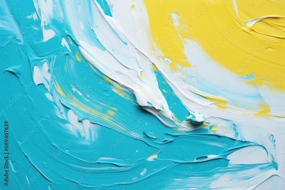 abstract acrylic painting with bold yellow and turquoise strokes, accented with white highlights, evoking a bright, oceanic feel.