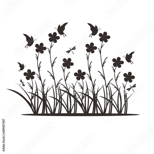 Seamless horizontal banner with wild herb and flower silhouettes. © Ari