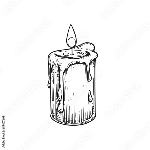 Burning candle in hand drawn sketch style. Retro vintage  beeswax candle illustration. Vector drawing isolated on white.