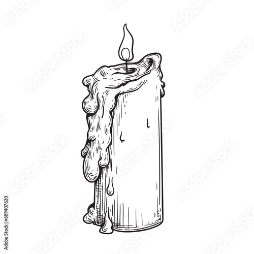 Burning candle in hand drawn sketch style. Retro vintage beeswax candle illustration. Vector drawing isolated on white.