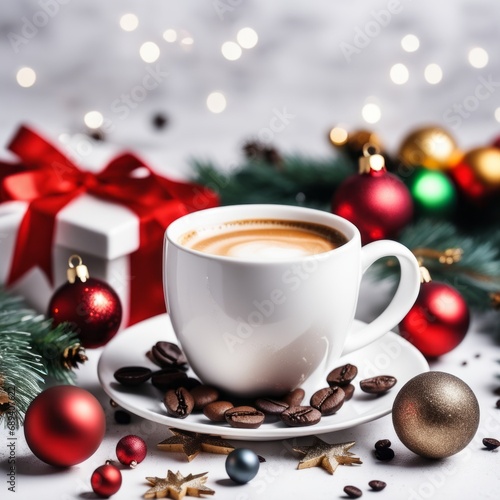 Coffee cup with Christmas ornaments and decoration on white background