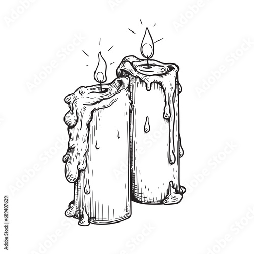 Burning candles in hand drawn sketch style. Retro vintage beeswax candle illustration. Vector drawing isolated on white.