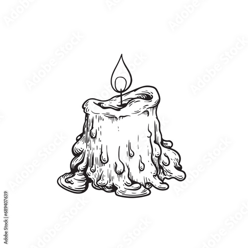 Burning candle stub in hand drawn sketch style. Retro vintage beeswax candle illustration. Vector drawing isolated on white.