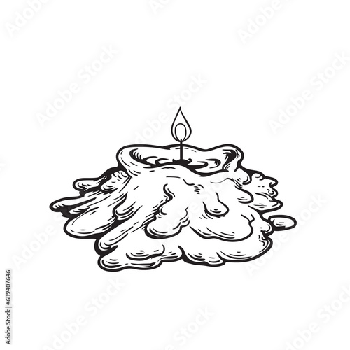 Burning candle stub in hand drawn sketch style. Retro vintage beeswax candle illustration. Vector drawing isolated on white.
