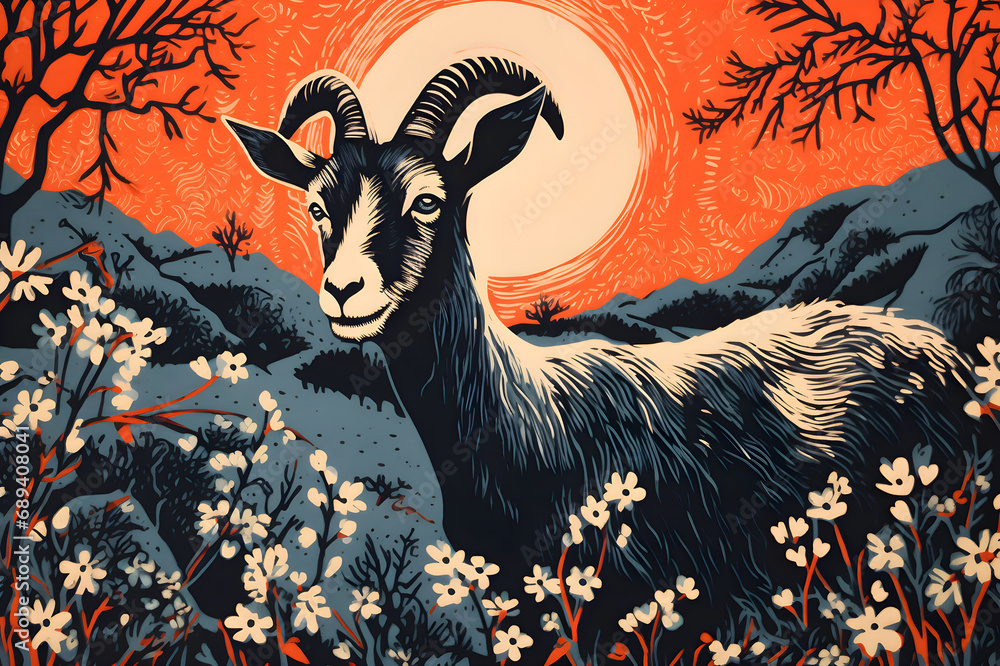 Art life of goat in nature, block print style Art life of goat in nature, block print style