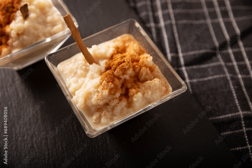 Rice pudding. Sweet dish made by cooking rice in milk and sugar, some