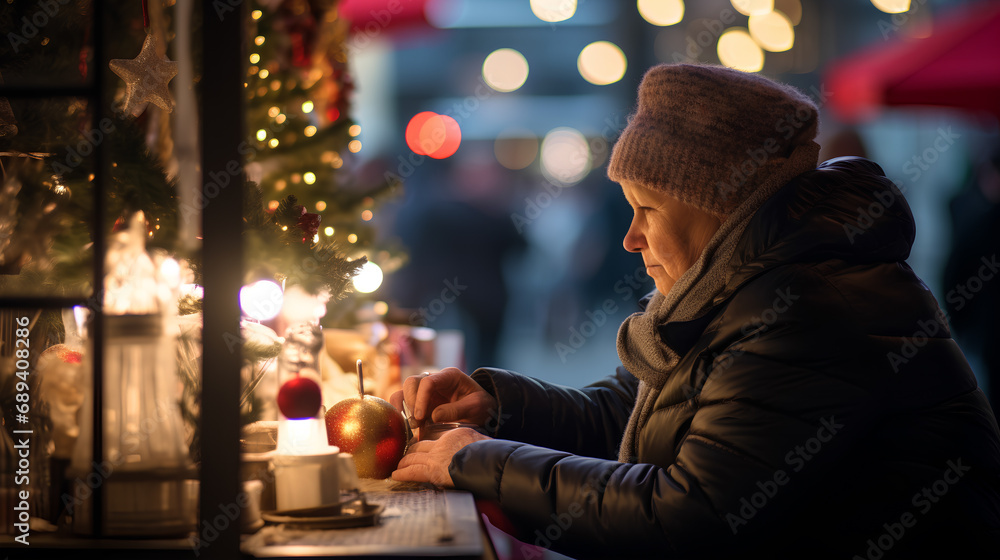 woman in a wintry street during Christmas celebration woman in a wintry street during Christmas celebration