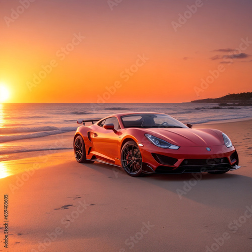 Sport car on the beach at sunset. racing car.