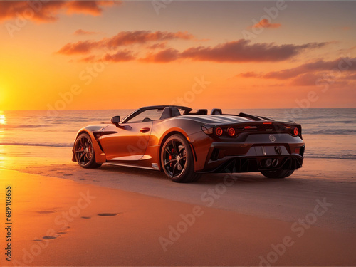 Sport car on the beach at sunset.