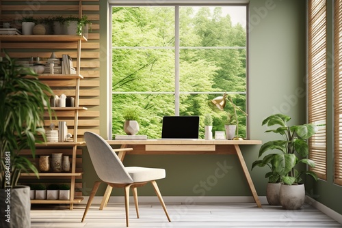 A workspace inspired by Scandinavian design  featuring sleek lines  natural wood accents  and lush greenery creating a refreshing ambiance.