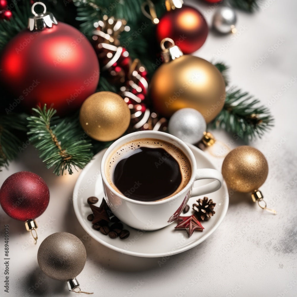 Coffee cup with Christmas ornaments and decoration on white background Coffee cup with Christmas ornaments and decoration on white background