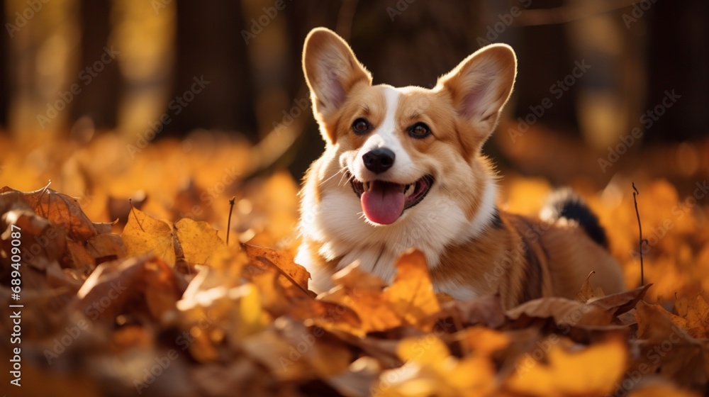 Happy dog of welsh corgi pembroke breed among fallen leaves in autumn