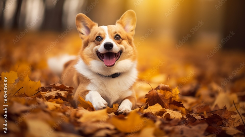 Happy dog of welsh corgi pembroke breed among fallen leaves in autumn