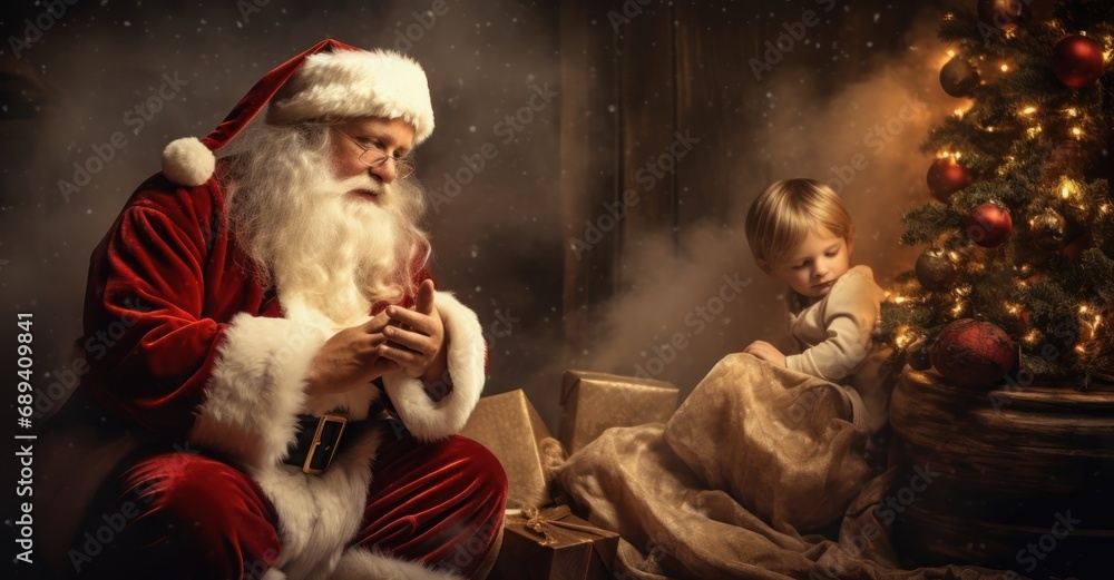 Fototapeta premium Santa Claus sitting under a Christmas tree, with children sleeping in the background
