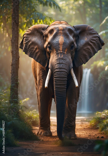 a big elephant in the woods near a body of water. © A_A88