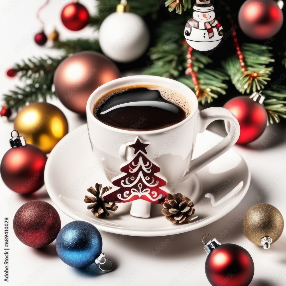 Fototapeta premium Coffee cup with Christmas ornaments and decoration on white background