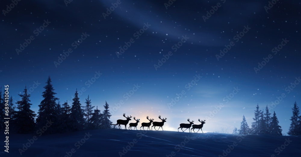 Santa Claus, expansive winter sky, gracefully guiding his sleigh pulled by six reindeer Santa Claus, expansive winter sky, gracefully guiding his sleigh pulled by six reindeer