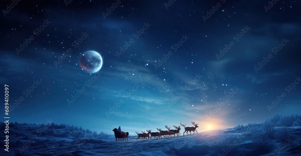 Santa Claus, expansive winter sky, gracefully guiding his sleigh pulled by six reindeer Santa Claus, expansive winter sky, gracefully guiding his sleigh pulled by six reindeer