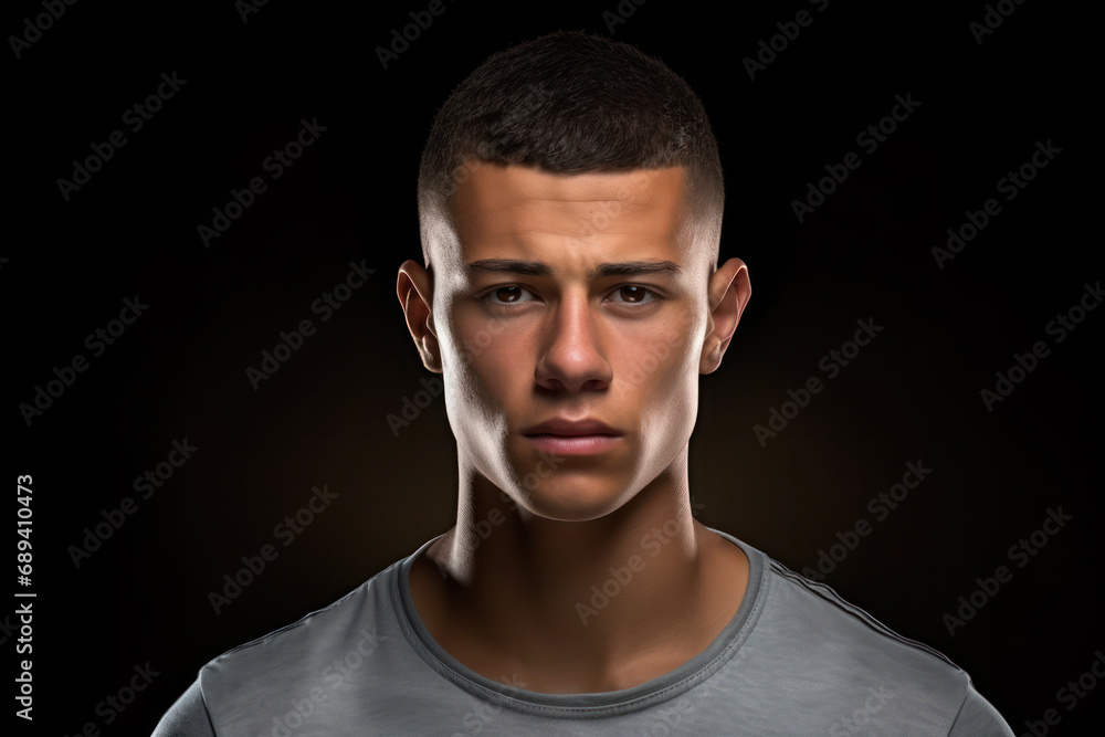Dramatic concept Black and white close-up portrait of young handsome man looking forward. Studio shot on black background Dramatic concept Black and white close-up portrait of young handsome man looking forward. Studio shot on black background