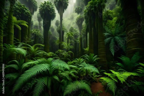 A prehistoric landscape with towering ferns and ancient cycad plants