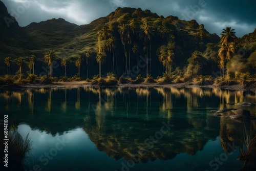 A mysterious prehistoric lagoon with reflections of the surrounding ancient flora