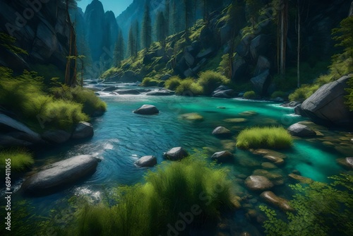 A pristine river winding through the untouched wilderness of a prehistoric landscape