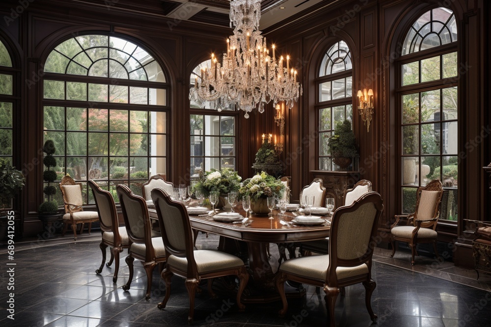 An elegant formal dining room featuring a grand chandelier, upholstered dining chairs, and a polished mahogany table for exquisite dining experiences.