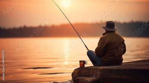 A man with a fishing rod is fishing on the rocks near the sea. Active recreation in nature. A fisherman catches fish at sunset.